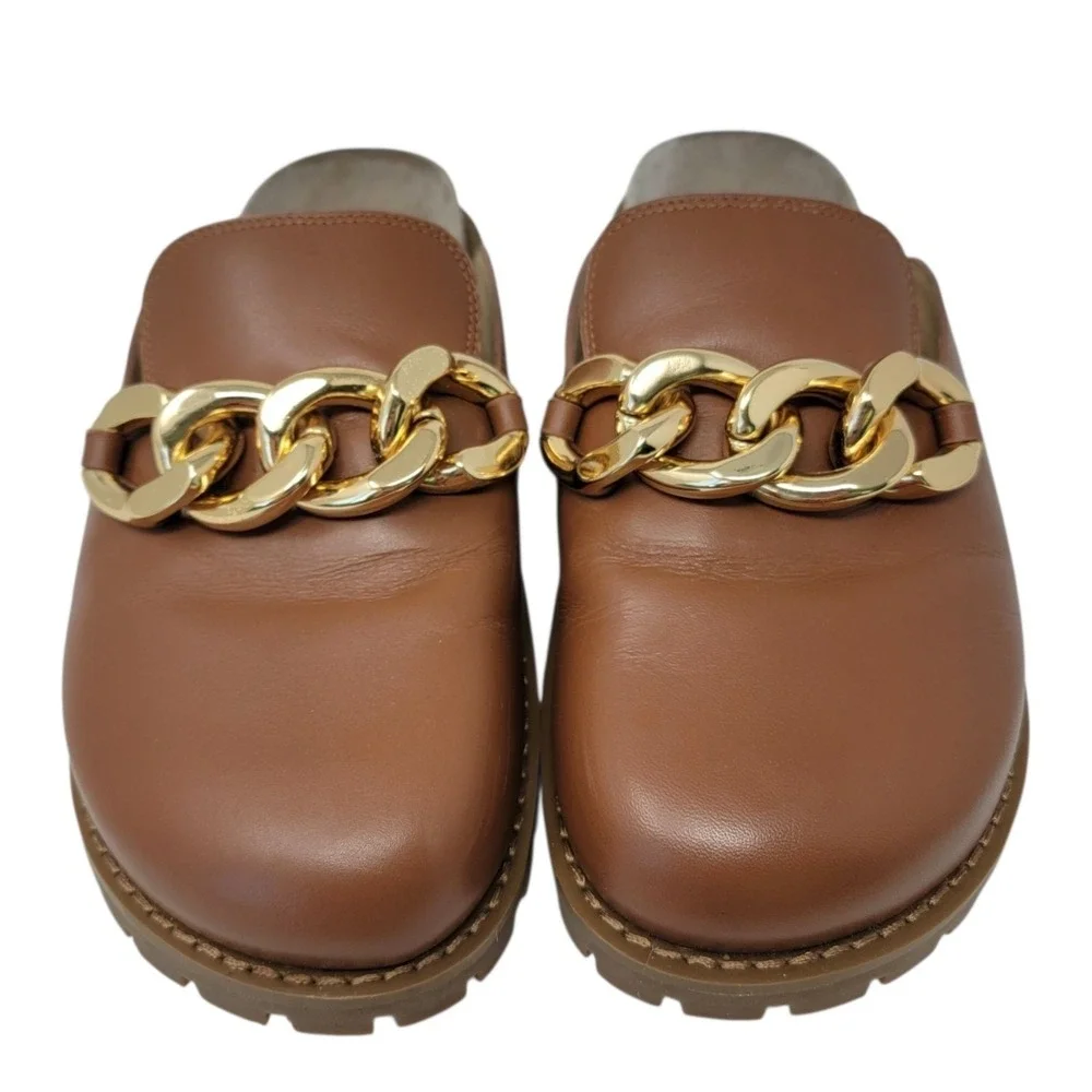 Michael Kors Clogs Mules Womens Size 7.5 Scarlett Gold‎ Chain in Luggage Brown
